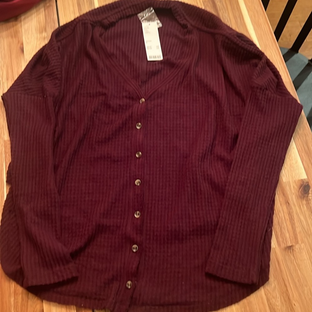 Urban Outfitters Red Flowy Oversized Waffle Thermal Top with Buttons S
